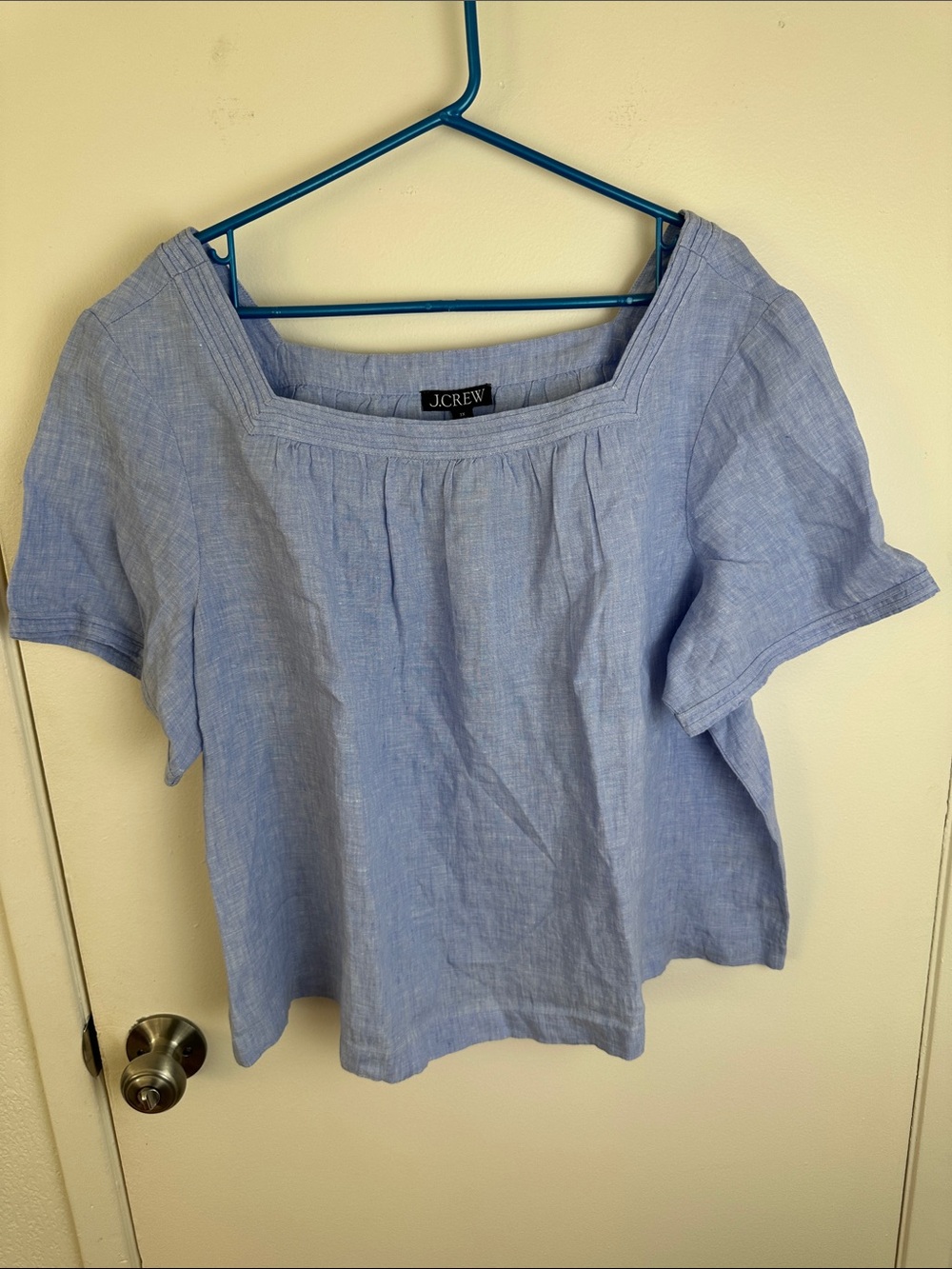 J. Crew Light Blue Linen Square-Neck Short Sleeve Top
